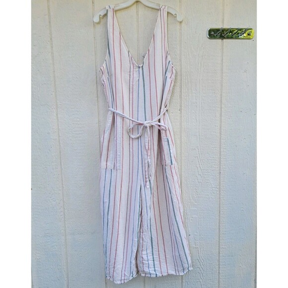 American Eagle Linen Blend Striped Jumpsuit Tie Waist Pockets Wmns Sz L Cropped - Picture 1 of 3